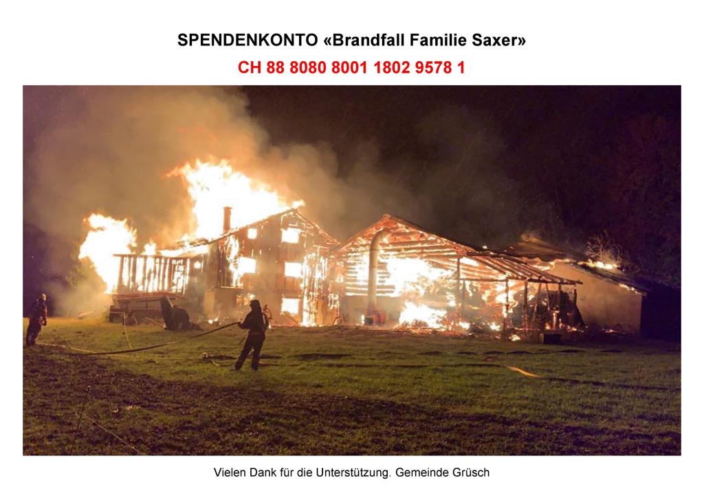 As Dorf stoht zäma Spendenaktion Brandfall Familie Saxer